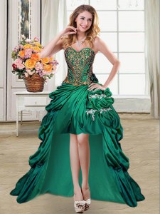 Glamorous Dark Green Ball Gowns Beading and Appliques and Pick Ups Evening Dress Lace Up Taffeta Sleeveless High Low