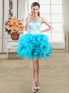 Perfect Baby Blue Organza Lace Up Straps Sleeveless Mini Length Beading and Lace and Ruffles