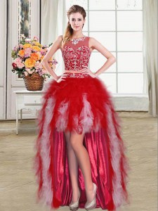 Scoop High Low Zipper Prom Gown Red for Prom and Party with Beading and Ruffles