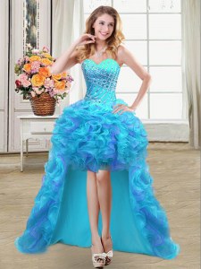 Chic Aqua Blue Ball Gowns Beading and Ruffles Prom Gown Lace Up Organza Sleeveless High Low