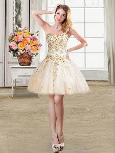 Dynamic Champagne Ball Gowns Beading Prom Dress Lace Up Tulle Sleeveless Mini Length