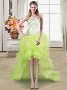 Straps Yellow Green Sleeveless Beading and Ruffles High Low Prom Gown