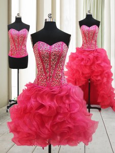 Hot Pink Organza Lace Up Sweetheart Sleeveless High Low Prom Evening Gown Beading