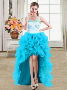 Adorable Straps Organza Sleeveless High Low Prom Evening Gown and Beading and Appliques and Ruffles
