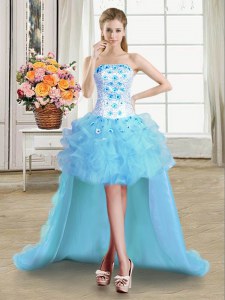 Fancy Light Blue Strapless Lace Up Beading and Appliques and Ruffles Homecoming Dress Sleeveless