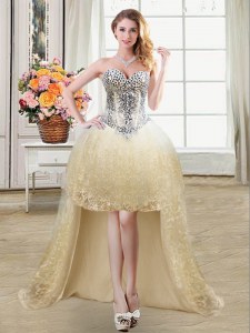 Spectacular Champagne Tulle and Lace Lace Up Prom Gown Sleeveless High Low Beading and Lace and Sequins