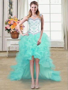 Straps Beading and Ruffles Prom Dress Aqua Blue Lace Up Sleeveless High Low
