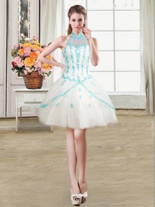 Halter Top See Through Mini Length Lace Up Prom Dress White for Prom and Party with Beading and Ruffles