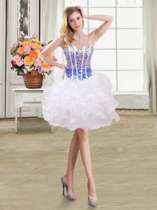 White and Blue Organza Lace Up Cocktail Dress Sleeveless Mini Length Beading and Ruffles
