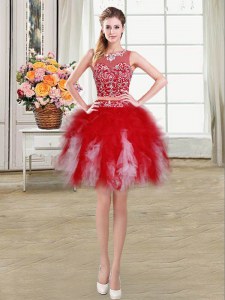 Red Ball Gowns Tulle Scoop Sleeveless Beading and Ruffles Mini Length Zipper Prom Evening Gown