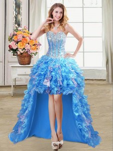 Cute Baby Blue A-line Organza Sweetheart Sleeveless Beading and Ruffles and Sequins High Low Lace Up Prom Gown