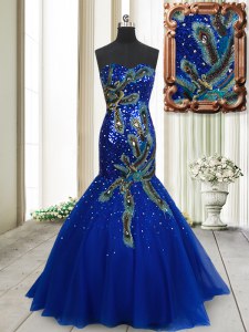 Beautiful Mermaid Sleeveless Brush Train Beading and Appliques and Sequins Lace Up Evening Dress