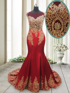 Amazing Mermaid Scoop Cap Sleeves With Train Appliques Side Zipper Prom Dress with Red Brush Train