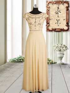Eye-catching Scoop Chiffon Cap Sleeves Floor Length Prom Party Dress and Beading
