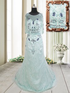Customized Scoop Half Sleeves Brush Train Zipper Beading and Lace Prom Dresses