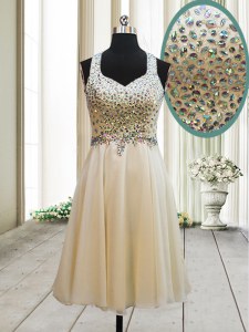 Glamorous Champagne Column/Sheath Chiffon Straps Sleeveless Beading Knee Length Side Zipper Prom Evening Gown