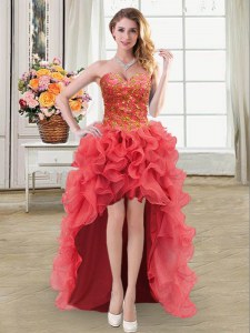 Sweetheart Sleeveless Prom Gown High Low Beading and Ruffles Coral Red Organza