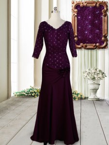 Exquisite Half Sleeves Floor Length Beading and Lace and Hand Made Flower Zipper Evening Dress with Dark Purple