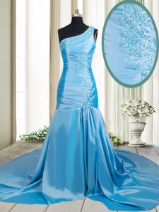 Deluxe Mermaid One Shoulder Baby Blue Prom Dresses Elastic Woven Satin Brush Train Sleeveless Beading and Appliques