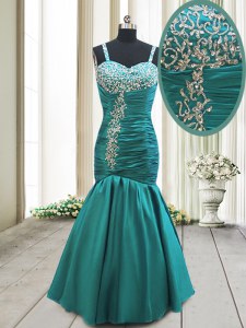 New Arrival Mermaid Straps Teal Lace Up Dress for Prom Beading and Ruching Sleeveless Floor Length