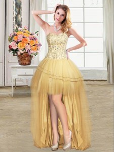 Gold Ball Gowns Sweetheart Sleeveless Tulle High Low Lace Up Beading and Sequins Prom Dresses