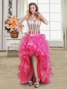 Edgy Sleeveless Organza High Low Lace Up Evening Dress in Hot Pink with Beading and Ruffles
