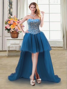 Custom Design Teal Ball Gowns Beading Prom Dress Lace Up Tulle Sleeveless High Low