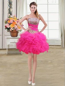 Hot Selling Hot Pink Cocktail Dress Prom and Party and For with Beading and Ruffles and Ruffled Layers and Sequins Strapless Sleeveless Lace Up