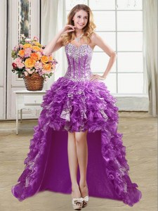Super Sleeveless Organza High Low Lace Up Prom Party Dress in Purple with Ruffles and Sequins