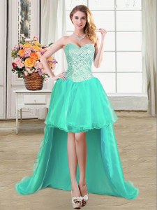 Dramatic Beading and Ruffles and Pick Ups Prom Party Dress Turquoise Lace Up Sleeveless High Low