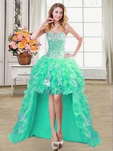 Enchanting High Low Lace Up Dress for Prom Turquoise for Prom and Party with Ruffles and Sequins