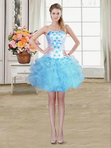 Baby Blue Sleeveless Beading and Appliques and Ruffles Mini Length Dress for Prom