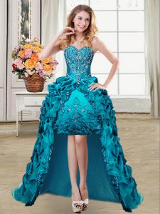 Edgy High Low Teal Prom Party Dress Taffeta Sleeveless Embroidery and Pick Ups