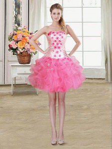 Mini Length Lace Up Cocktail Dress Rose Pink for Prom and Party with Beading and Appliques and Ruffles