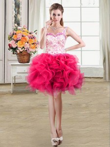 Shining Straps Hot Pink Sleeveless Mini Length Beading and Lace and Ruffles Lace Up Club Wear