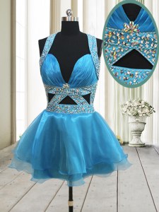 Halter Top Baby Blue Backless Prom Party Dress Beading Sleeveless Mini Length