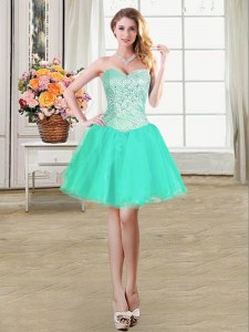 High Quality Sweetheart Sleeveless Prom Evening Gown Mini Length Beading and Ruffles and Pick Ups Turquoise Organza