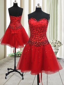 Luxury Beading Dress for Prom Red Lace Up Sleeveless Mini Length