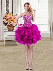 Sleeveless Organza Mini Length Lace Up Prom Evening Gown in Fuchsia with Beading and Ruffles