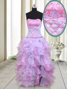 Pretty Organza Strapless Sleeveless Lace Up Beading and Ruffles Evening Dress in Multi-color