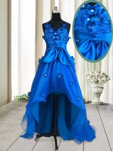 Suitable V-neck Sleeveless Organza Prom Evening Gown Beading and Appliques and Bowknot Zipper