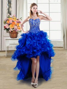 Edgy High Low Royal Blue Dress for Prom Organza Sleeveless Beading and Ruffles