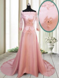 Dramatic Square Peach Zipper Dress for Prom Beading and Appliques Long Sleeves With Brush Train