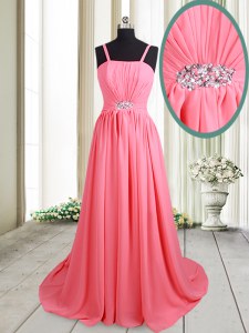 Designer Straps Empire Sleeveless Pink Prom Dresses Brush Train Lace Up