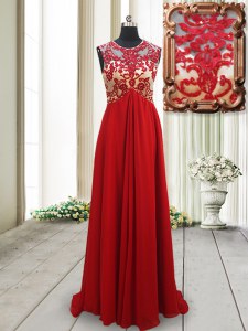 Red Empire Scoop Sleeveless Chiffon Brush Train Backless Appliques Prom Party Dress