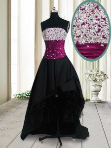 Perfect Black A-line Taffeta Strapless Sleeveless Beading High Low Lace Up Evening Dress