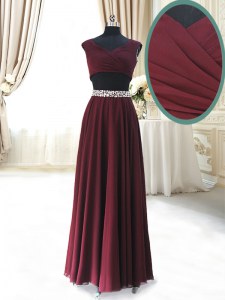 Traditional Burgundy Zipper Homecoming Dress Beading and Belt Cap Sleeves Ankle Length