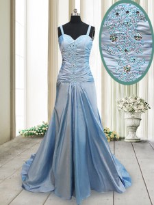 Light Blue Straps Neckline Beading Prom Evening Gown Sleeveless Criss Cross