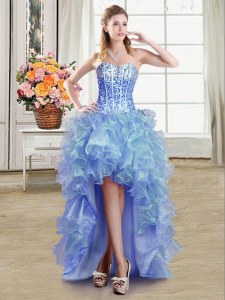 Sumptuous Blue Ball Gowns Sequins Prom Evening Gown Lace Up Organza Sleeveless High Low