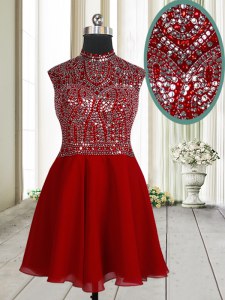 Red Zipper Scoop Beading and Sequins Prom Party Dress Chiffon Sleeveless